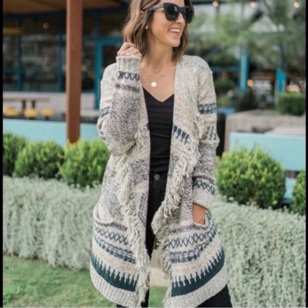 CABI 3701 Shetland Geometric Striped Fringe Open Cardigan Size Small